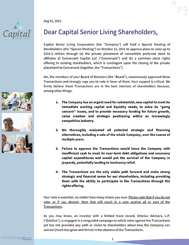 Capital Senior Living Letter to Shareholders
